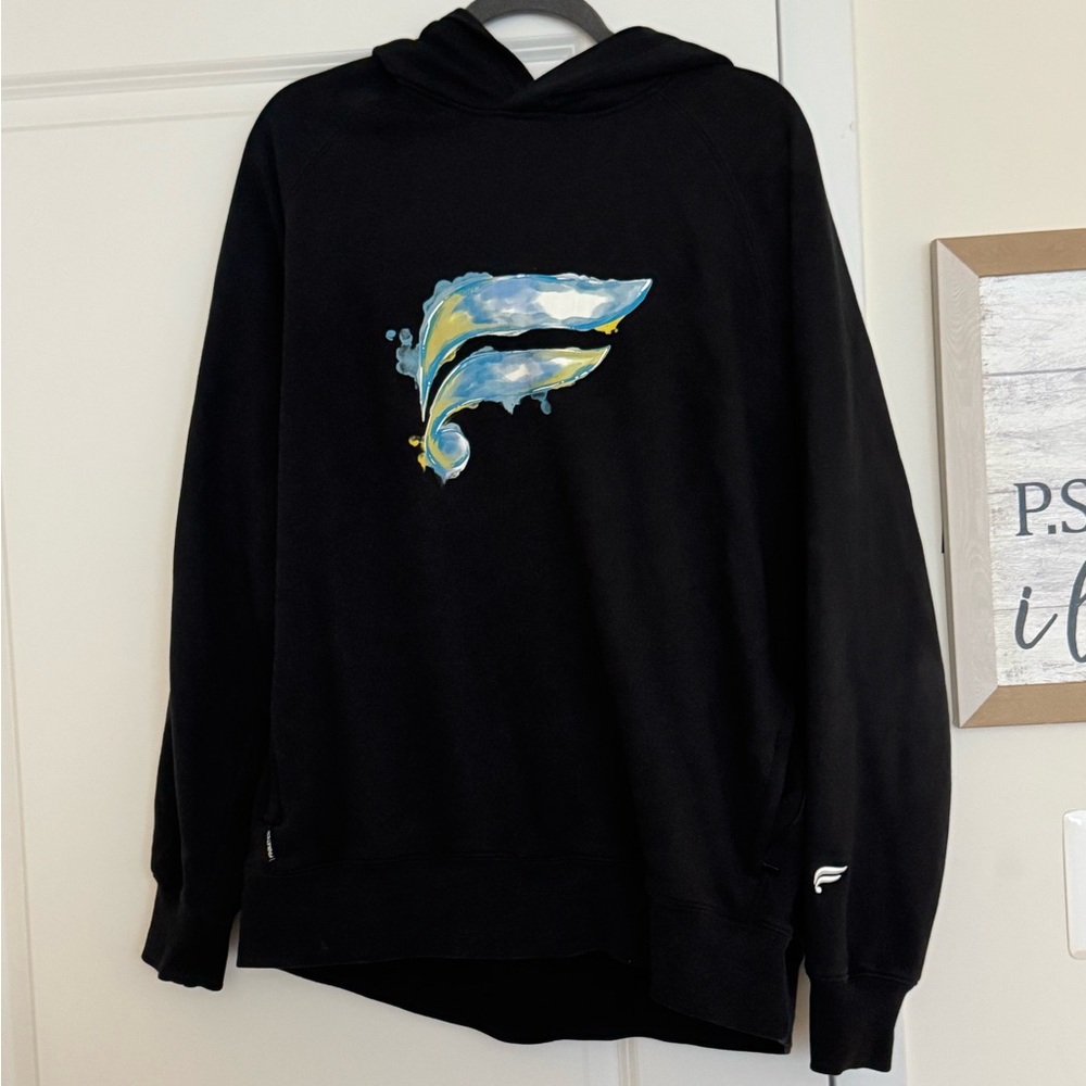 Fabletics Black Graphic Hoodie. Zipper kangaroo pockets. More fitted style.
